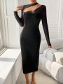 SHEIN Privé Asymmetrical Neckline With Sheer Panel And High Side Slit Detailing Hollow Out Mesh Panel Maxi Dress