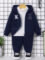 SHEIN Baby Boy Embroidery Slogan Pattern Zip Up Hoodie & Sweatpants Without Tee