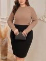 SHEIN Clasi Plus Size Color Block Dress With Button Embellishment