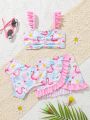 Baby Flamingo Print Frill Trim Bikini Swimsuit & Beach Skirt