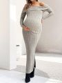 SHEIN Pregnant Women's One Shoulder Ribbed Stripe Long Sleeve Bodycon Dress