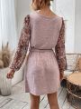 Women's Patchwork Printed Long Sleeve Belted Dress