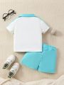 Baby Boy Fashionable Artistic Design Letter Print Color-Block Polo Shirt And Shorts Set, Casual