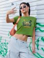 Street Sport Camel Letter Printed Cropped Sports T-Shirt