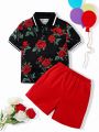SHEIN Young Boy Short Sleeve Floral Printed Top And Solid Color Shorts Set