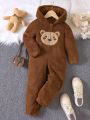 Young Girl Fall-winter Brown Plush Hooded With Cute Applique Bear Patch Jumpsuit, Keep Warm
