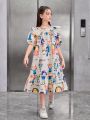 SHEIN Kids Nujoom Big Girls' Loose Fit Vintage Cartoon Pattern Ruffled Hem Dress