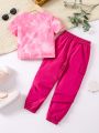 SHEIN Kids HYPEME Little Girls' Pink Heart Printed Short Sleeve Top And Pants Set