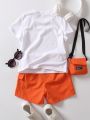 SHEIN Young Boy Patched Detail Tee & Flap Pocket Shorts & Bag