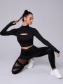 Yoga Sxy Sports Cut Out Backless Top & Contrast Mesh Leggings