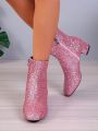 Ladies' Pointed Toe Pink Glitter Side Zipper Chunky Heel Western Style Short Boots, Winter New Arrivals All-match Slimming Fashionable Shoes For Women