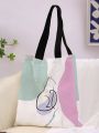 Cat Pattern Shopper Bag Color Block Canvas Casual