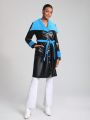 Jhome Apparel Black and Blue Shearling Lined Wrap Coat