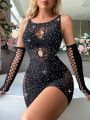 Classic Sexy Women's Sexy Hollow Underwear Mesh Dress And Gloves