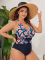 SHEIN Swim Classy Plus Size Women's Floral Printed Halter Neck One-Piece Swimsuit
