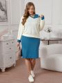 SHEIN LUNE Plus Size Women's Color Block Sweatshirt And Vest Dress Set