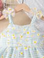 SHEIN Kids CHARMNG Young Girl's Gingham Print Daisy & Mesh Patchwork Spaghetti Strap Princess Dress For Performances, Weddings, Evening Parties & Birthdays