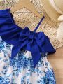SHEIN Kids Cooltwn Young Girls' Floral Print Colorblock Ruffle Trim Shoulder Irregular Jumpsuit