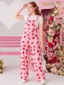 SHEIN Teen Girls' Strawberry Pattern Woven Jumpsuit With Pockets And Suspender Straps For Casual Wear