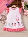 SHEIN Kids EVRYDAY Young Girls' Woven Loose Fit Casual Flying Sleeve Dress With Round Neckline