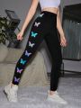 SHEIN Teenage Girls' Knitted Iridescent Butterfly Patterned Casual Leggings