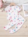 Infant Girls' Cute Ice Cream & Cake Printed Short Sleeve T-Shirt And Long Pants Two-Piece Homewear Set
