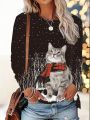 Plus Size Cat Printed Long Sleeve Round Neck T-Shirt