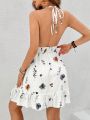 SHEIN VCAY Women's Floral Printed Halter Neck Ruffle Hem Dress