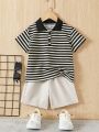 SHEIN Kids EVRYDAY Young Boys' Striped Top And Solid Color Shorts Two Piece Outfit