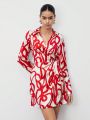 SHEIN BIZwear Women'S Full Print Turn-Down Collar Long Sleeve Dress