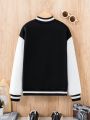 SHEIN Boys' Casual Letter Printed Baseball Collar Color Block Jacket With Zip, Autumn And Winter