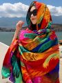 1pc Ladies' Fashion Feather Printed Scarf With Satin Texture Suitable For Daily Anti-uv Outdoors