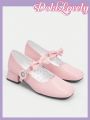 Dola Lovely Pearl Buckle Pink Mary Jane Pumps For Women, Square Toe Chunky Heel Shallow Mouth Fashionable Heart & Butterfly Pattern High Heels