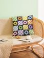 Dedraw Studio 1pc Geometric Multicolor Checkered & Lovely Flower Printed Velvet Cushion Cover, Suitable For Daily Household Decoration As Sofa Pillowcase, Car Cushion Cover And Substitute Pillowcase