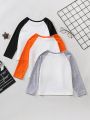 SHEIN Kids EVRYDAY Young Boy Round Neck Color Block Comfortable Drop Shoulder Long Sleeve 3pcs Basic T-Shirt For Fall