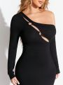SHEIN SXY Ladies' Sexy Cut-out Metal Ring Design One Shoulder Bodycon Dress