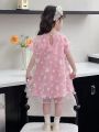 Young Girl Puff Sleeve 3d Floral Mesh Overlay Princess Dress