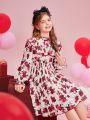 SHEIN Tween Girl Woven Floral Print Ruffle Collar Fitted Elegant Dress