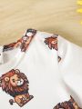 SHEIN Baby Boys' Leisure Sports Lion Printed Short Sleeve, Khaki Elastic Waistband Shorts Set, Comfortable And Loose