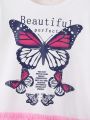SHEIN Kids EVRYDAY Little Girls' Butterfly & Slogan Print Mesh Patchwork Dress