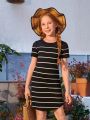 SHEIN Kids EVRYDAY Girls Striped Curved Hem Tee Dress