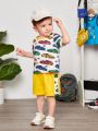 SHEIN Baby Boy Cartoon Car Pattern Round Neck Short-Sleeved Pullover Top And Shorts Two-Piece Set
