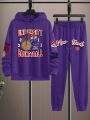 Men's Basketball Themed Hooded Sweatshirt And Pants Set With Drawstring And Letter Print