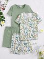 SHEIN 2pcs/Set Tween Girl Solid Color Knitted Slim Fit Top + Knitted Slim Fit Shorts + Floral Patterned Top + Shorts Homewear Suit