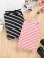 SHEIN Kids EVRYDAY Young Girls' Striped Bodycon Skirt With Crop Top Two Piece Set