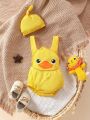 Unisex Baby Boy Yellow Duck Shape Applique Embroidery Overalls Romper, Spring/Summer Casual And Comfortable