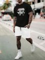 Manfinity LEGND Men'S Plus Size Letter & Character Print Short Sleeve T-Shirt And Shorts Two Piece Set