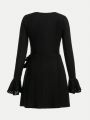 SHEIN Teenage Girls' Knit Distressed Tie Front Ruffle Sleeve Bodycon Casual Dress