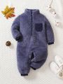 Baby Boy Zip Up Pocket Patched Teddy Jumpsuit