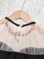 SHEIN Kids FANZEY Tween Girls' Elegant Mesh Patchwork Dress With Frill Hemline And Bow Decoration